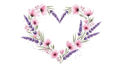 Heart shaped floral arrangement with pink flowers and lavender