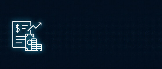 Digital accounting and profit increase symbol with glowing white line art of money and charts on dark background