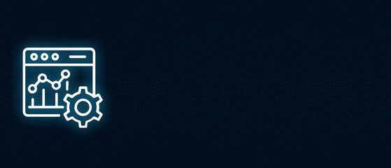 Digital marketing performance tracking and automation settings glowing neon line art on dark texture