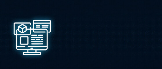 Digital software development and web design layout glowing white line art on a dark blue background