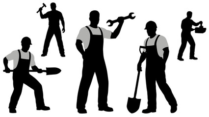 Dynamic collection of male worker silhouettes, showcasing various manual labor tasks with essential tools for construction and trade work
