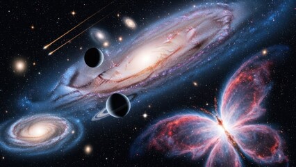 Vast cosmic universe with glowing butterfly nebula, multiple spiral galaxies, stars, and orbiting planets in deep space.