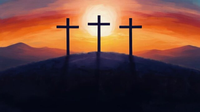 Beautiful sunset with three crosses silhouette symbolizing faith and hope