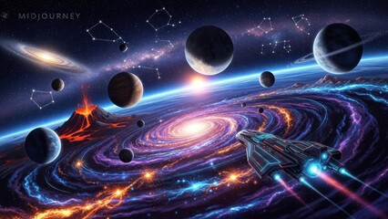 Futuristic spaceship journeys through a vibrant cosmic galaxy with colorful planets, stars, and nebula in digital art universe