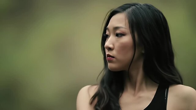 Focused Asian Woman Practicing Martial Arts with Wooden Bokken Sword in Lush Forest