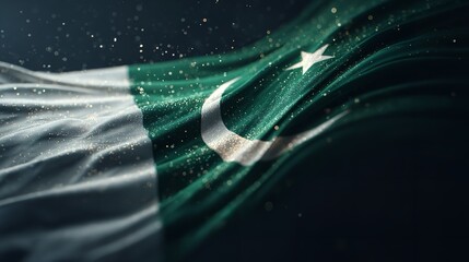 A waving green flag featuring a white crescent and star, symbolizing a nation