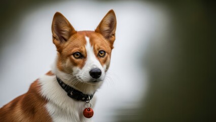 Close-up portrait of an alert domestic dog with reddish-brown and white fur, pointed ears, and expressive brown eyes wearing a collar.