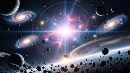 Vibrant cosmic explosion in deep space with multiple spiral galaxies, planets, and asteroids, illustrating the vastness of the universe and cosmic phenomena.
