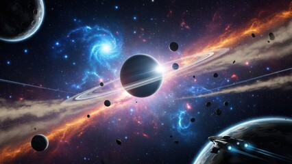 Vibrant cosmic galaxy scene with planets, sparkling stars, and swirling nebulae. Futuristic outer space, science fiction background.