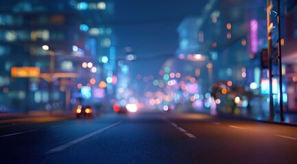 Blurred city street night scene with colorful lights and traffic