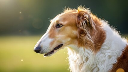 Majestic Borzoi dog profile outdoors, elegant long fur illuminated by golden sunlight, serene natural background.