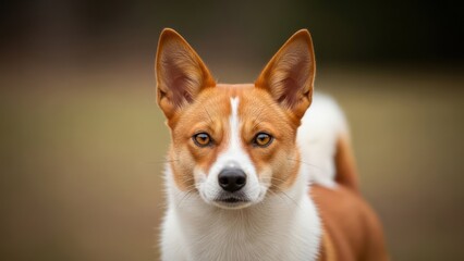 Striking Basenji dog portrait outdoors, alert and focused with distinctive pointy ears and expressive golden eyes.