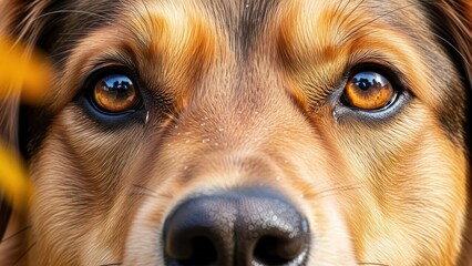 Close-up portrait of a loyal dog's captivating amber eyes and wet nose, reflecting a warm, attentive expression.