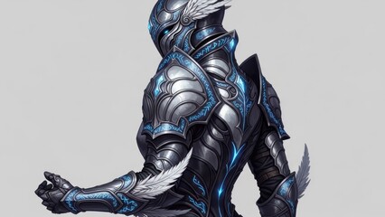 Futuristic silver and blue armored warrior with glowing accents and feathered details, high-tech fantasy knight character design