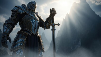Majestic armored knight with sword in an epic, misty mountain landscape as golden sunlight breaks through clouds