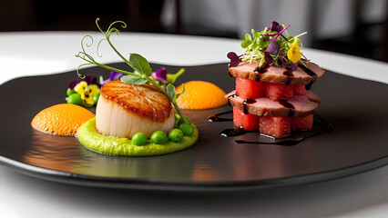 Gourmet seared scallop and sliced duck breast with vibrant pea puree and citrus foam