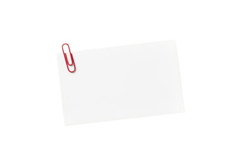Red paperclip on a white blank note isolated on transparent background