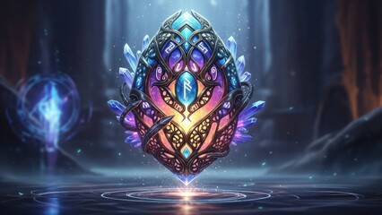 Vibrant glowing fantasy egg or mystical gemstone artifact with intricate patterns and colorful crystals in an enchanted dark cavern.