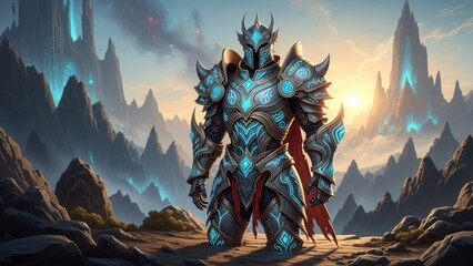Epic fantasy knight in glowing futuristic armor kneeling in a dramatic alien mountain landscape at sunset, digital painting