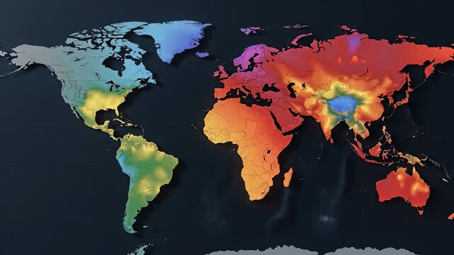 Colorful raised relief world map showing elevation variation with blue lowlands green hills yellow plateaus and red highlands Eurasia and Australia combined with colorful world map elevated terrain