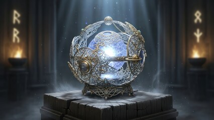 Ornate Magical Glowing Crystal Orb on an Ancient Stone Pedestal in a Mystic Chamber with Runic Symbols, Fantasy Artifact
