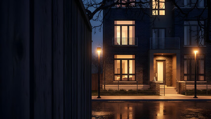Obraz premium Quiet Residential Street at Night with Modern Townhouses and Wet Pavement Reflecting Lights