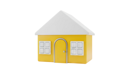 3D Yellow cartoon house with white roof and windows on transparent background