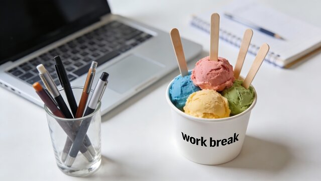 Four scoops of colorful ice cream in cup on office desk near laptop and pens