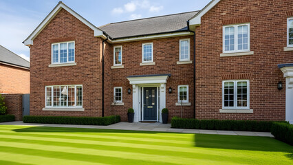 Newly Built Red Brick Detached House with Manicured Lawn and Modern Residential Architecture