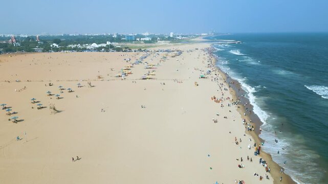 Aerial view of Marina Beach, This a natural urban beach in Chennai, Tamil Nadu, India,