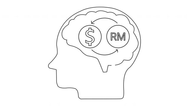 Line drawing of a head with a brain showing currency symbols of US Dollar and Ringgit Malaysia with exchange arrows
