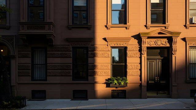 Classic Brownstone Building Facade Bathed in Golden Sunlight with Dramatic Shadows