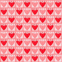 Seamless watercolor heart pattern featuring hand-painted red and pink hearts arranged in a soft grid. Perfect for Valentine&rsquo;s Day designs, wrapping paper, textiles, and romantic backgrounds.