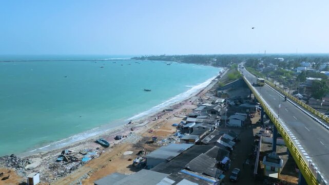 Aerial view of Marina Beach, This a natural urban beach in Chennai, Tamil Nadu, India,