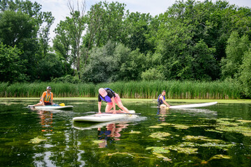 Group of adults participating in stand up paddle board lessons on a sheltered lagoon at the Toronto Islands, Canada, in summer. Calm freshwater environment used for instruction and balance drills.