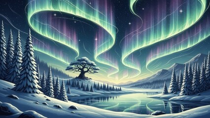 Vibrant Aurora Borealis lights dance over a serene winter wonderland with snow-covered trees, mountains, and a frozen lake reflecting the celestial spectacle.