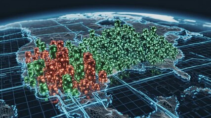 Neon city data visualization block grid map network connectivity density. glowing red and green data cube city digital map with circuit lines forming clustered illuminated blocks and dynamic network - Powered by Adobe