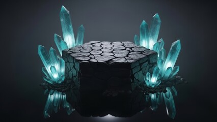 Glowing blue crystals surround ancient stone pedestal in darkness