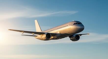 Airplane flying high in clear blue sky with sun shining brightly