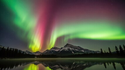 Spectacular Aurora Borealis over serene mountain lake at night, vibrant green and magenta celestial lights reflecting on water.