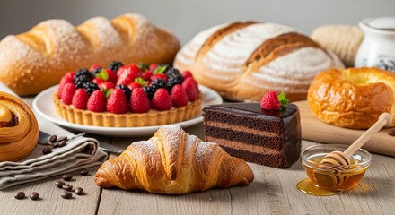 Assorted baked goods and desserts on a wooden table with honey and coffee beans