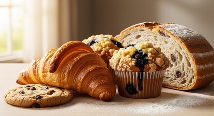 Assorted baked goods including croissants, muffins, and bread on a kitchen counter