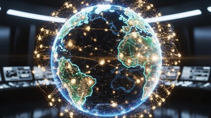 Glowing digital globe illuminated earth network connections data visualization futuristic interface holographic globe illuminated network nodes highlighting Africa and Europe futuristic control room - Powered by Adobe