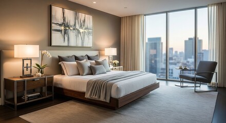 Luxurious modern bedroom with city view and elegant decor