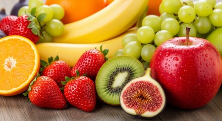 Fresh fruit assortment on wooden table, healthy eating and nutrition concept