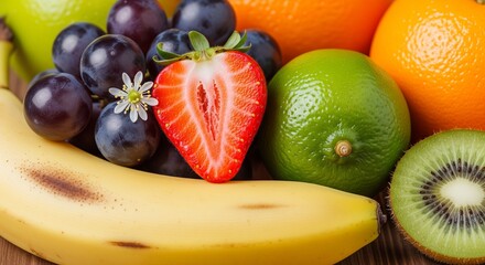 Fresh fruit assortment with banana, strawberry, grapes, and citrus fruits on wooden table