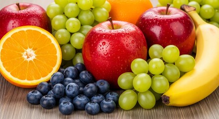 Fresh fruit assortment with apples, oranges, grapes, blueberries, and bananas