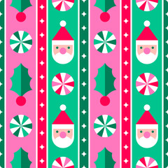 Geometric Santa Claus, holly berry and candy seamless striped pattern design for christmas and new year holidays background.