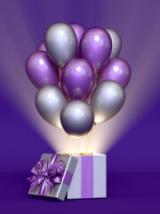 Colored gift box with ribbon and balloon on background. 