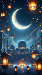 Ramadan Kareem greeting with illuminated mosque and crescent moon with floating lanterns under starry night sky, spiritual celebration and Islamic culture